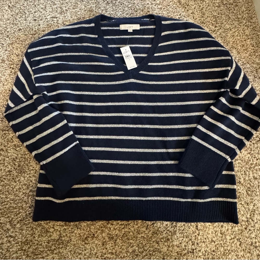 LOFT V-Neck Sweater with Navy and Gray Stripes